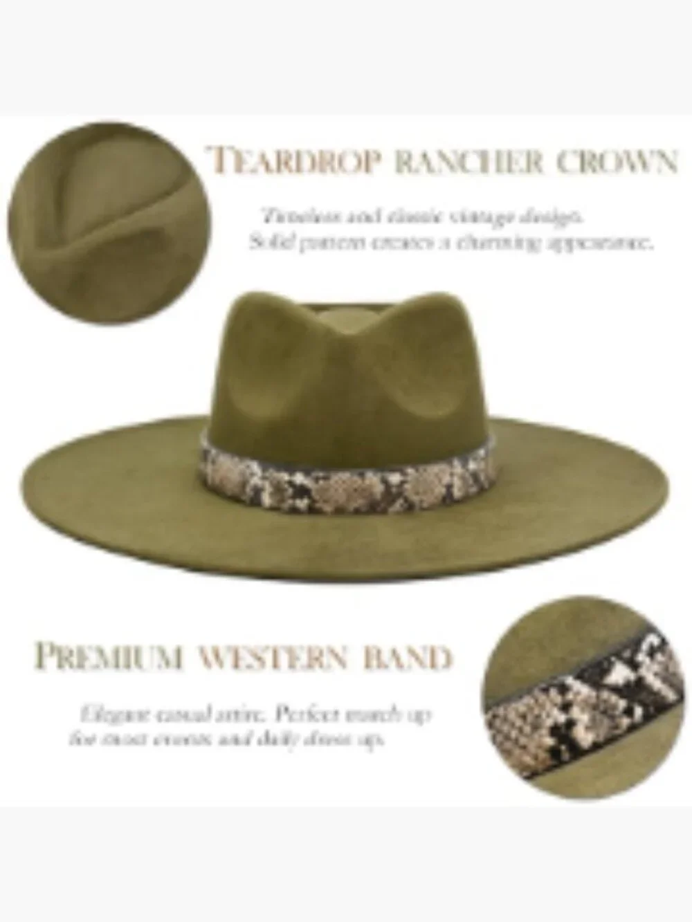 Felt Western Fedora Hat with 4-Inch Wide Brim - Adjustable Unisex